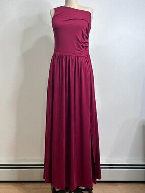 LYANER Burgundy One Shoulder Ruched Maxi Dress Side Slit Size M